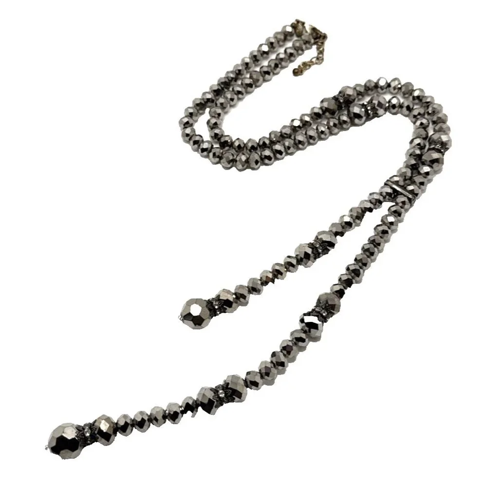 Vintage JOAN RIVERS Hematite Faceted Bead Lariat Necklace Rhinestone Accents 28